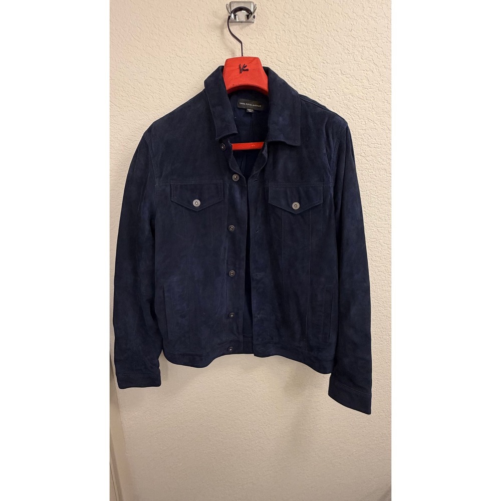 Saks Fifth Avenue Mens Navy Blue Goatskin Suede Trucker Jacket Large